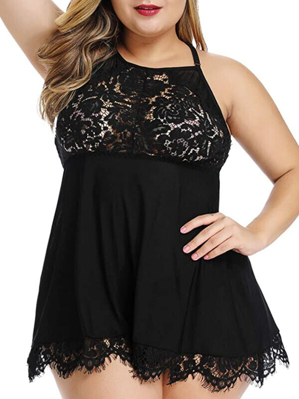 Fm Plus Size Lingerie Babydoll Lace Floral Halter Sleepwear Set High