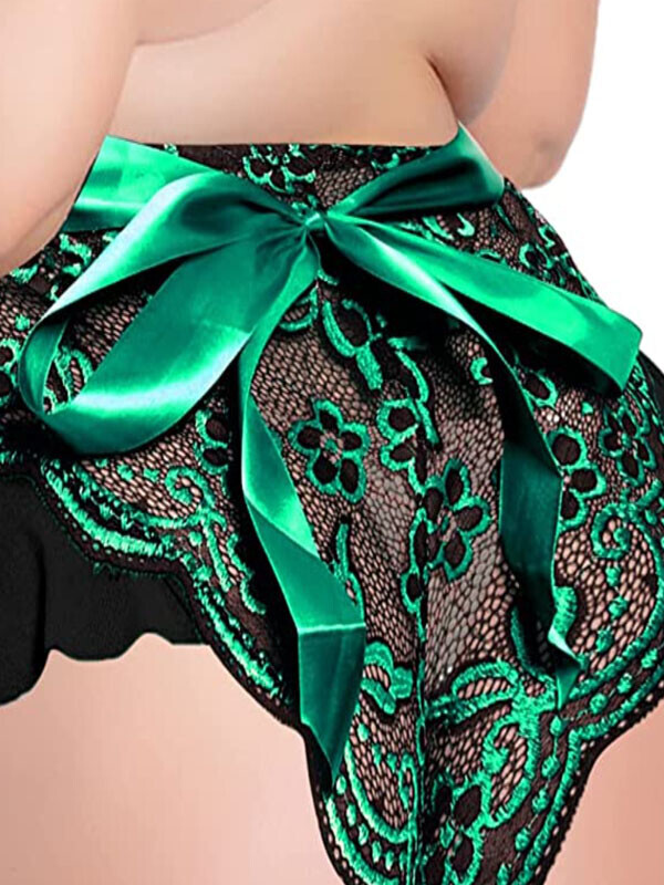 세이브돈(savdon),EL/Plus Size Teddy for Women,Sexy Deep Plunge V Mesh Floral Contrast Lace Bodysuit Halter Tie Satin Bow Outfits Lingerie