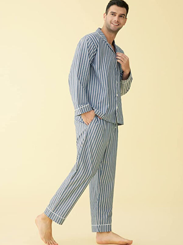 [세트]Latuza Men's Lightweight Cotton Pajamas Long Sleeves Shirt Pants Set
