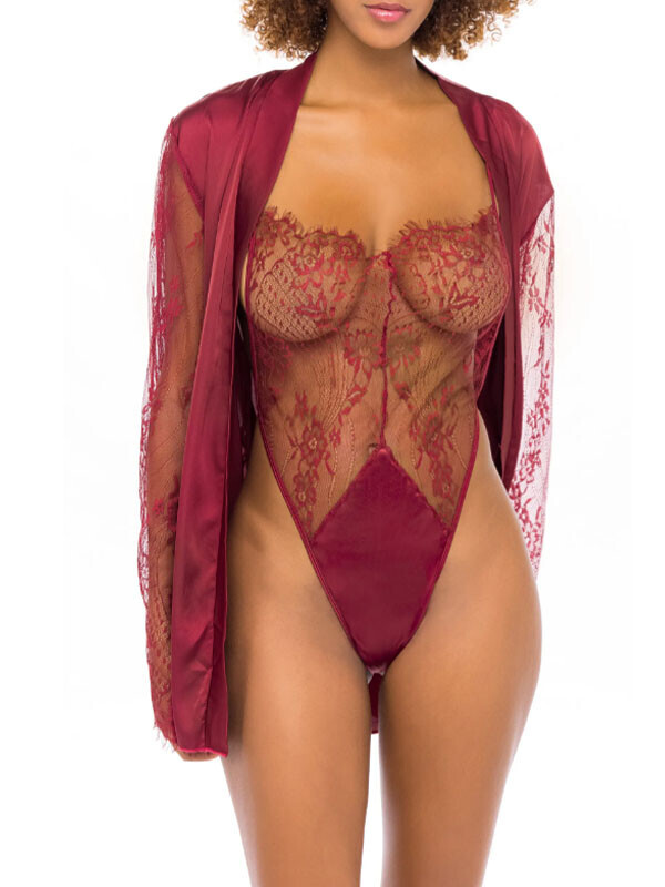 세이브돈(savdon),[세트]OLL/Elishia Lace Thong Teddy & Satin Robe Set