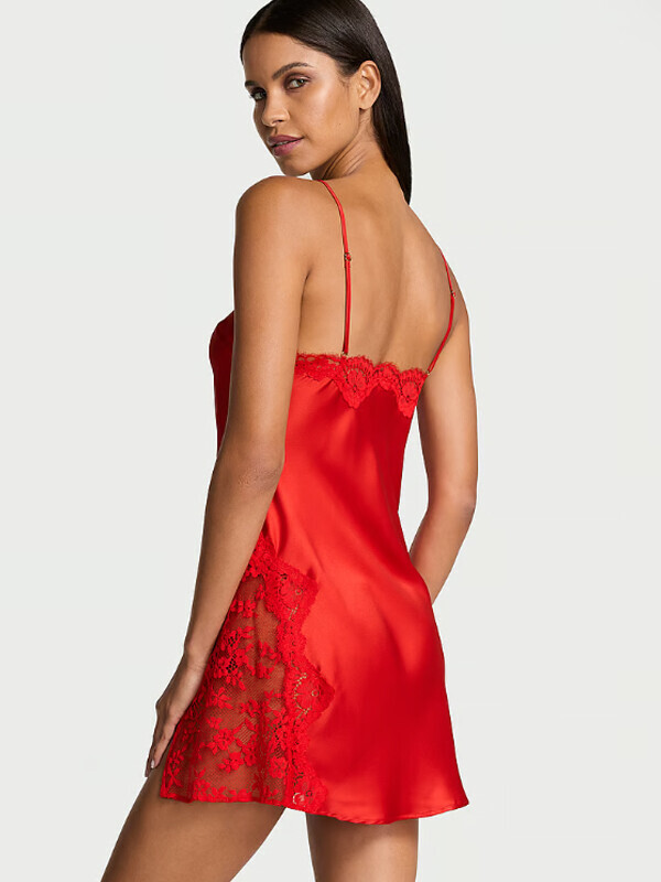 Victoria's Secret Satin Rose Lace-Trim Asymmetric Slip Dress