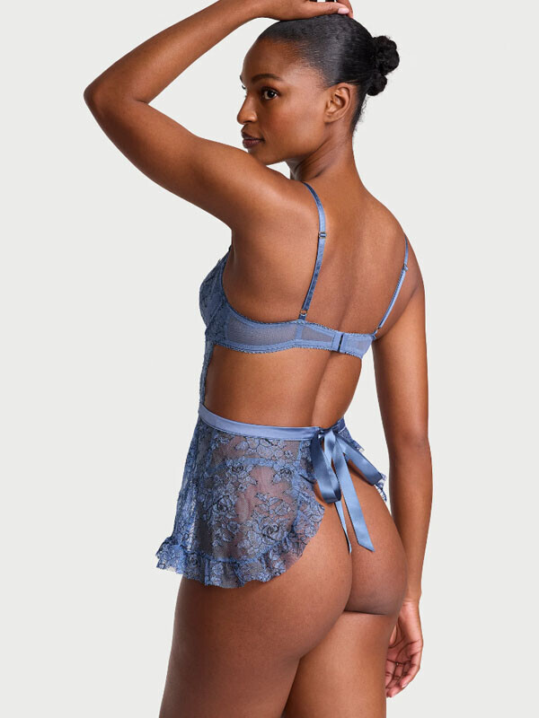 Victorias Secret Wicked Unlined Denim Rose Lace Apron Set