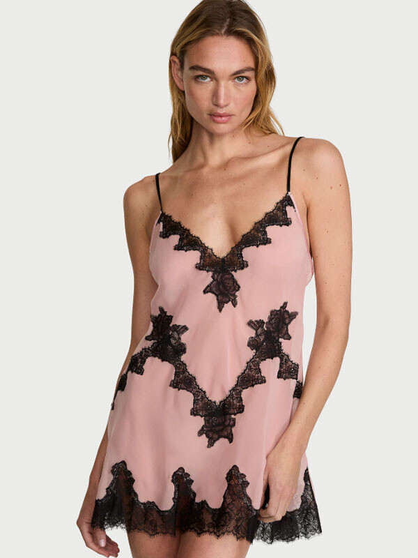 Victorias Secret Chiffon Rose Lace-Trim Mini Slip Dress