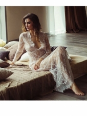 LAISIYI Sexy V-Neck See-through Floral Lace Dress Long Sleeve Maxi Dress