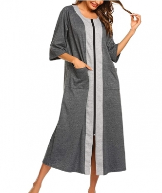 세이브돈(savdon),Ekouaer Zipper Front Housecoat Short Sleeve & Half Sleeve Zip Nightgown Long Houedress with Pocket
