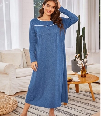 세이브돈(savdon),Ekouaer Long Sleeve Nightgown Women's Round Neck Sleepwear Long Button Up Nightshirt Full Length Sleep Dress